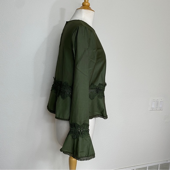 After Market Women's Olive Green Crochet Peplum Blouse Size Medium Cottagecore - Picture 4 of 14